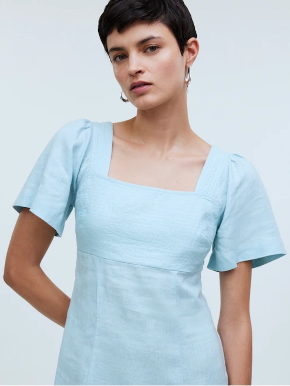 NWT MADEWELL Square-Neck Mini Dress in 100% Linen Blue Heron Light Blue Size 16 - Picture 12 of 13